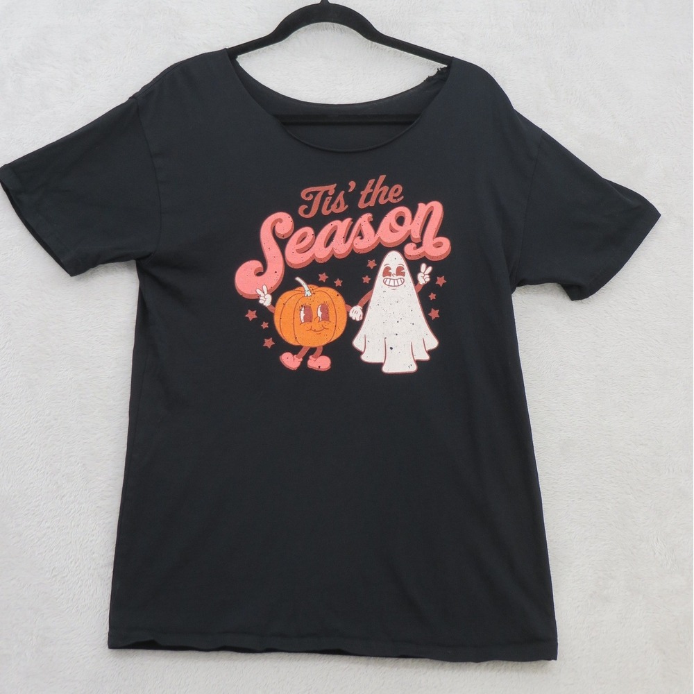 Retro Halloween T Shirt Black Pumpkin Ghost Tis The Season Spooky Scoop Neck
